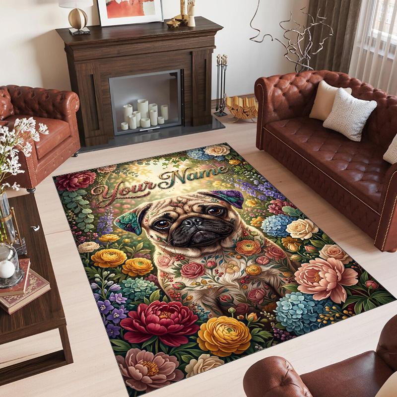 Pug Theme Crystal Velvet Floor Rug Personalized Custom Name Text Warm Carpet Home Decoration