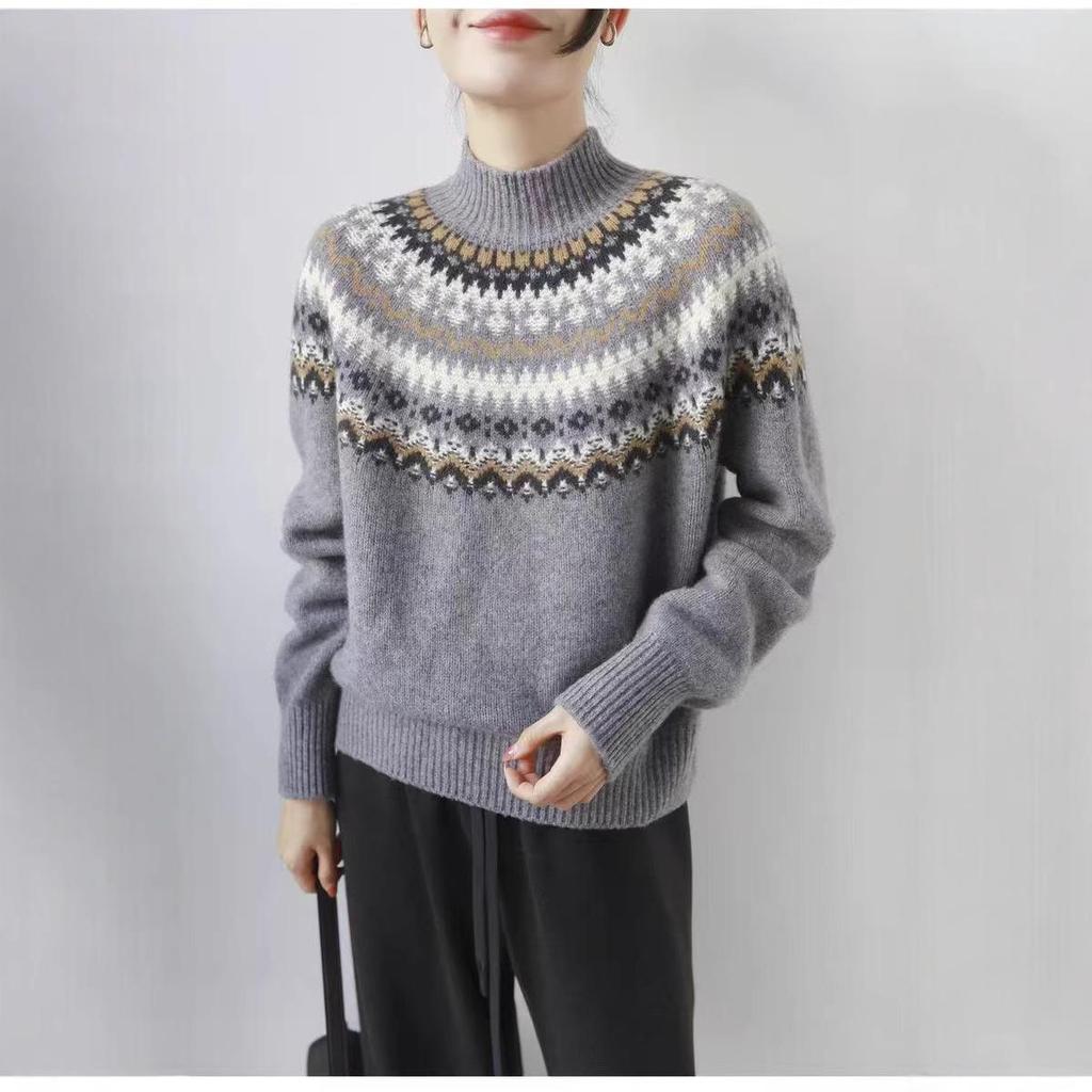 Women's 100% Wool Fair Isle Jacquard Sweater - Heavy Knit, Half-High Collar Pullover