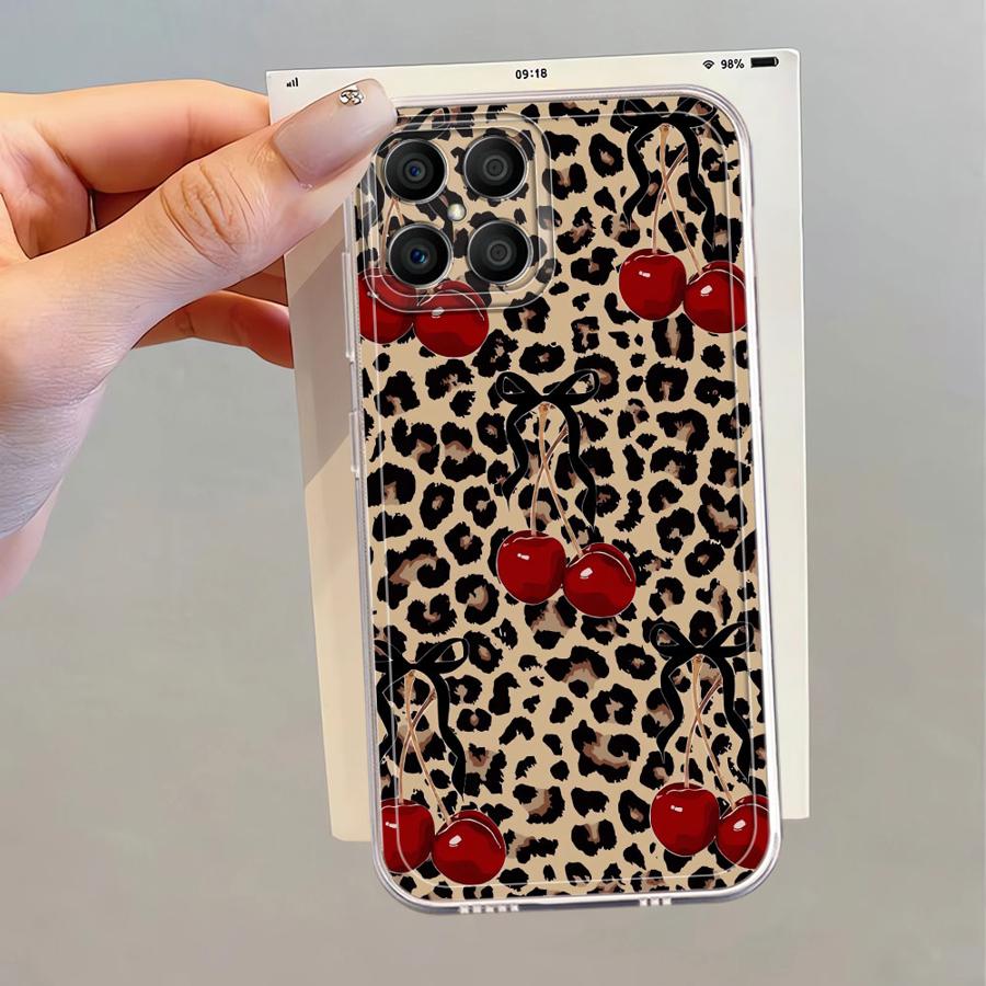 Leopard-patterned Cherry Soft Phone Cover Case for Honor X8a X8 X9a X8b X9b 90 Lite X7b