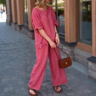 2Pcs/Set Women Casual Outfit O-neck Long Sleeve Tops Elastic Waist Wide