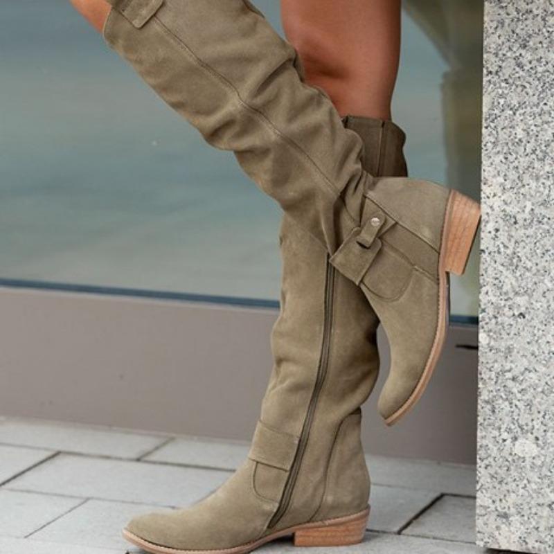 Dlouhé dámské kozačky Nízký podpatek Boční zip Velikost 43 Semišové Kozačky nad koleno Retro Dámské kotníkové boty Podzim Zima Kozačky po koleno