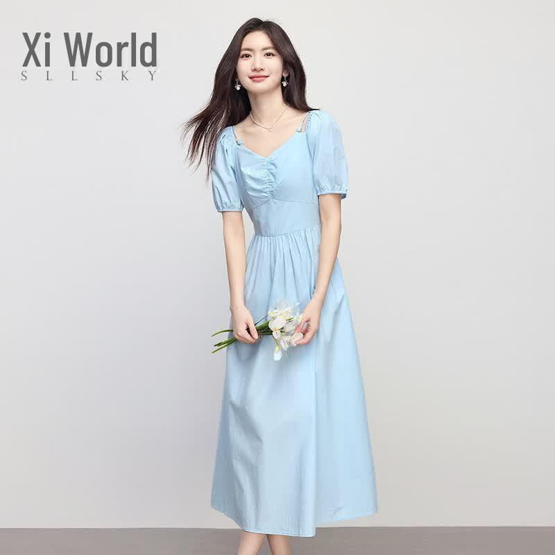 sllsky Women s Blue Off-Shoulder Puff Sleeve French Tea Dress S