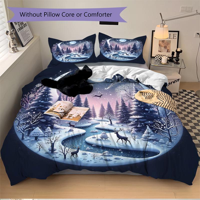 3pcs Winter's Night Pattern Bedding Set, 1* Cover + 2*Pillowcases, Printed Bedding Set, Soft