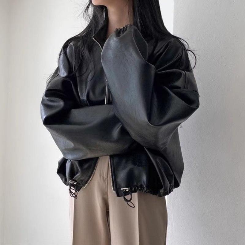 Autumn Winter Street Style Vintage Loose Casual Fashion PU Leather Coat Women Pocket Jacket Cardigan Top