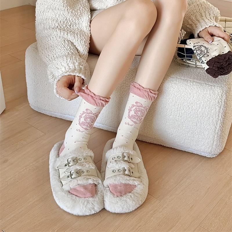 Bubble Mouth Line Doll Lolita Socks Women Vintage Polka Dot Slim Leg Socks Pure Cotton Mid-Leg Socks