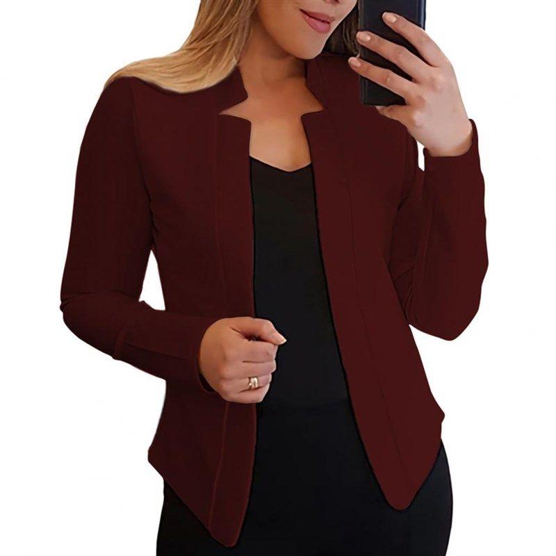 

Solid Color Slim Fit Women Blazer Jacket Notched Collar Open Wine Red S