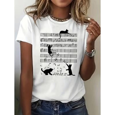 Cotton Tee Women Summer Cat & Sheet Music Print Cotton Comfortable T-Shirt Casual Short Sleeve Top for Spring & Summer Women's Clothing