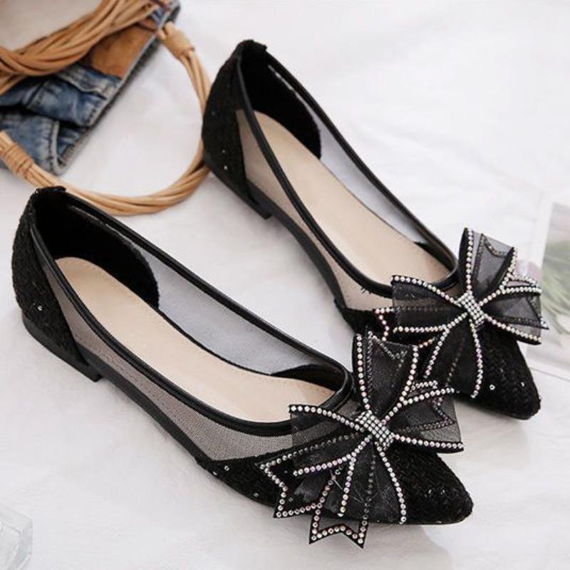 Women's Flat Mesh Shoes Diamond with Bow Pointed Toe Ladies Footwear Casual Non Slip Luxury Brand Elegant and Fashionable Y2k On