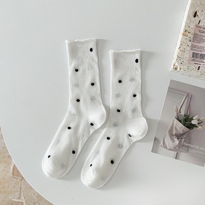 Women's Polka Dot Mid-Calf Cotton Socks with Rolled Cuffs - Retro Mesh, Breathable, Slouchy, Versatile, Casual Style