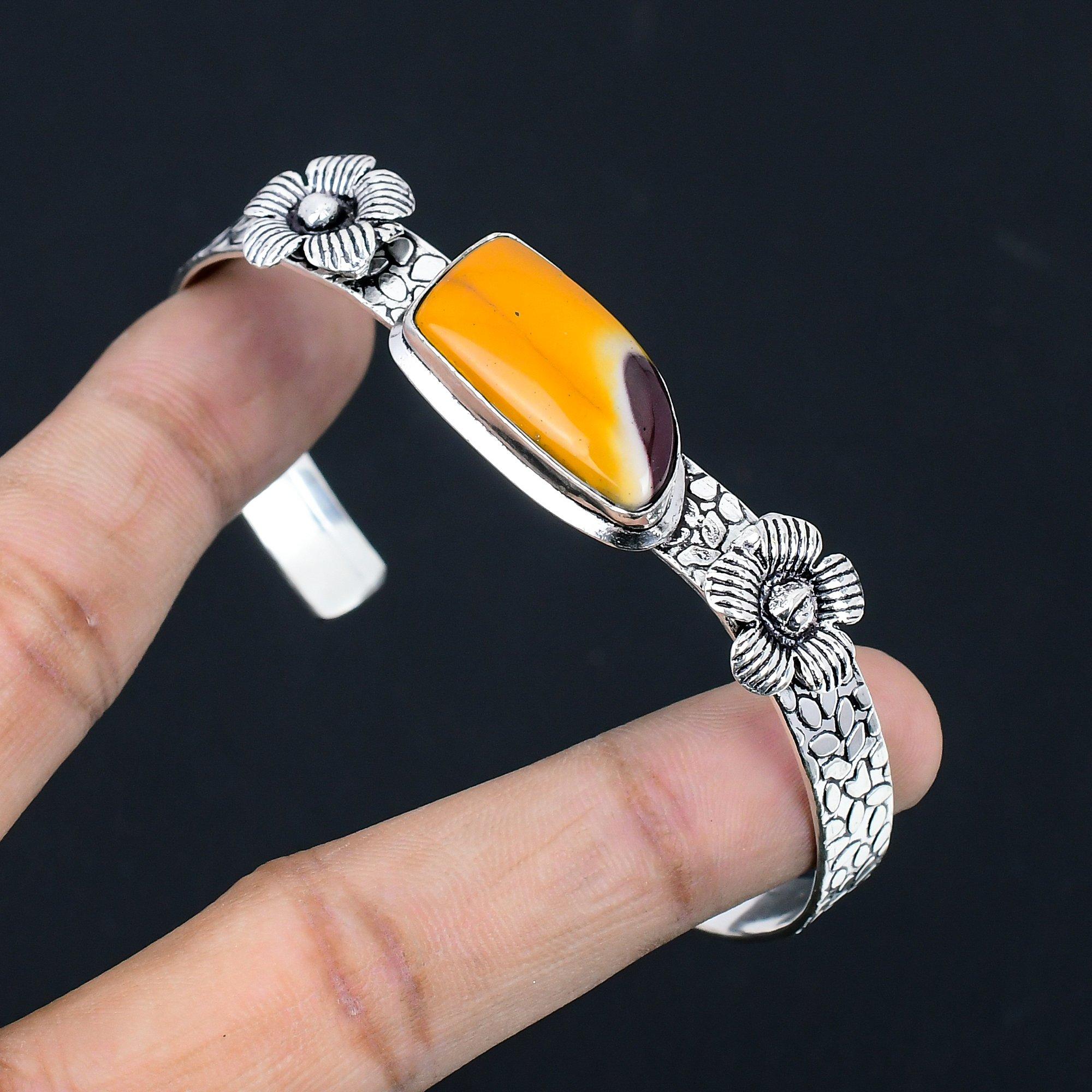 

Daughters Day Sale Sterling Silver Mookaite Gemstone Flower Wife Bangle Bracelet Adjustable