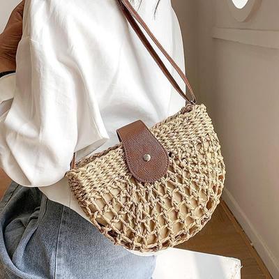 Saco de palha de verão para mulheres moda semicírculo crossbody sacos rattan artesanal mensageiro bolsa viagem sacos praia tote