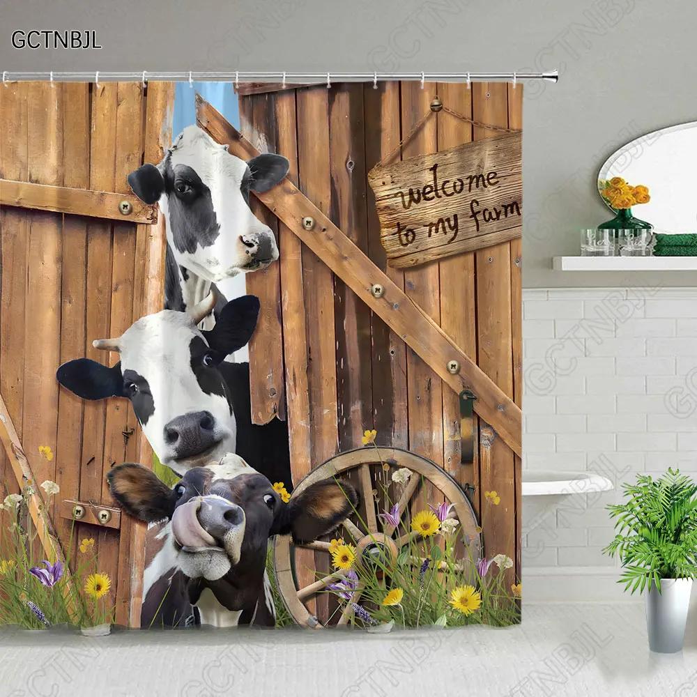 Funny Highland Bull Shower Curtains Set Western Bull Portrait Brown Wood Panel Rustic Landscape Barn Bath Curtain Bathroom Decor