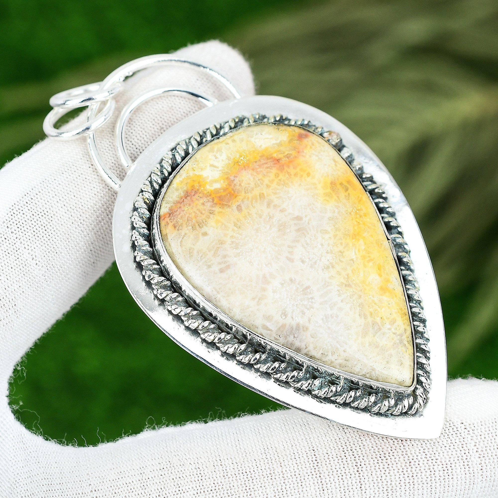 

Mothers day Deal Pear Fossil Coral Stone 925 Sterling Silver New Pendant Jewelry