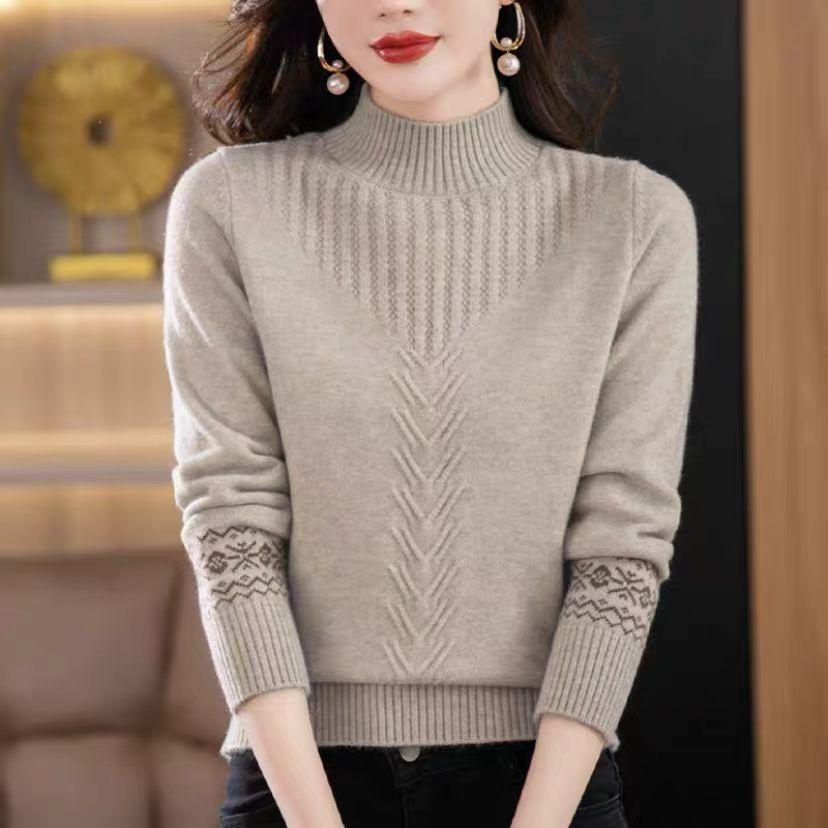 Half Turtleneck Cashmere Sweater Solid-color Long-sleeved Knitted Sweater for Women Casual Thickened Knitwear and Loose Solid-color Pullover