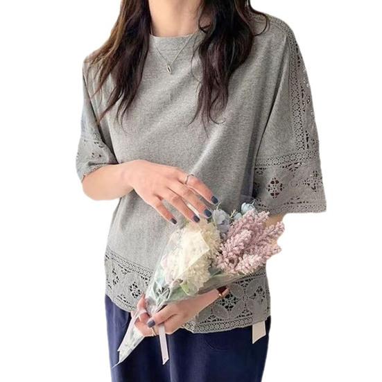 

Женская повседневная футболка с круглым вырезом, кружевной пуловер с половиной рукавов, однотонные свободные летние топы серый