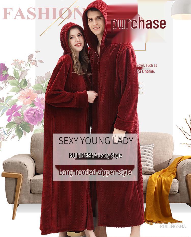 Thickened Flannel Robe: Warm Coral Fleece Bathrobe for Couples - Men's & Women's Plus Size Zipper Nightgown