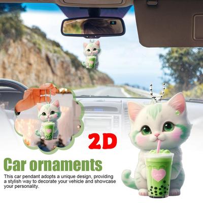 2D Cute Kitten With Drinks Rearview Mirror Pendant Car Hanging Ornaments Car Decoration Accessories Gifts For Women Men Gif S6P8