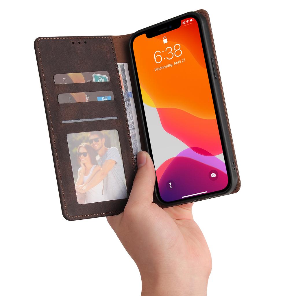 Suitable for iPhone14 Mobile Phone Leather Case 12Pro Matte Suction Card Flip Strong Magnetic Solid Color Mobile Phone Leather Case
