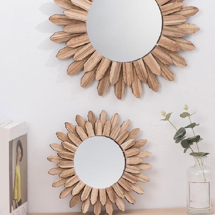 Sun Shape Wooden Round Mirrored Innovative Decors Makeup Mirrored Wall Mirrored