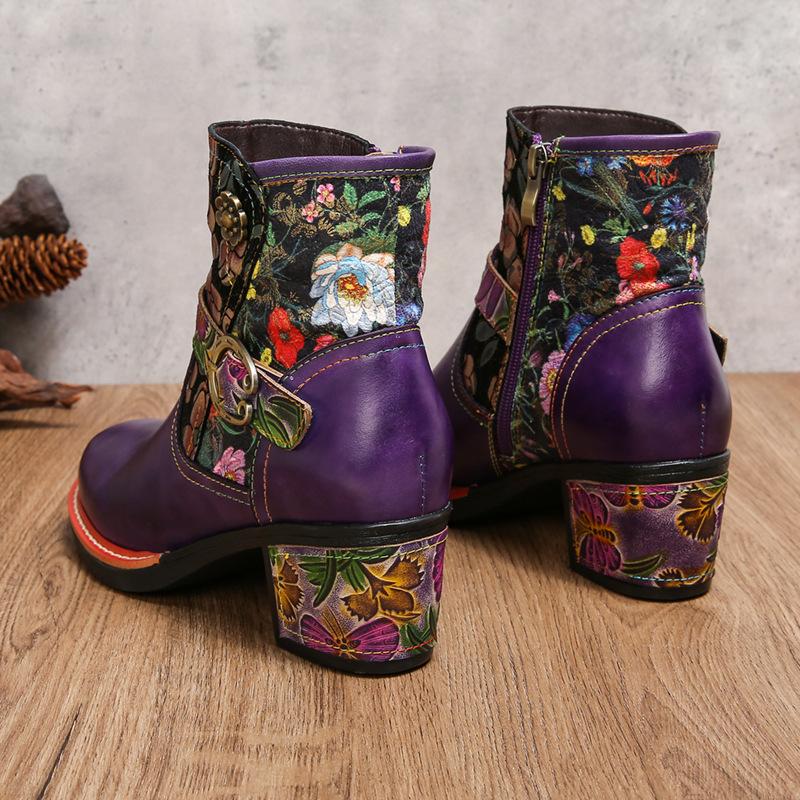 Johnature Vintage Floral High Heeled Women's Boots Genuine Leather Shoes Hand-painted Belt Buckle Fashion Short Boots
