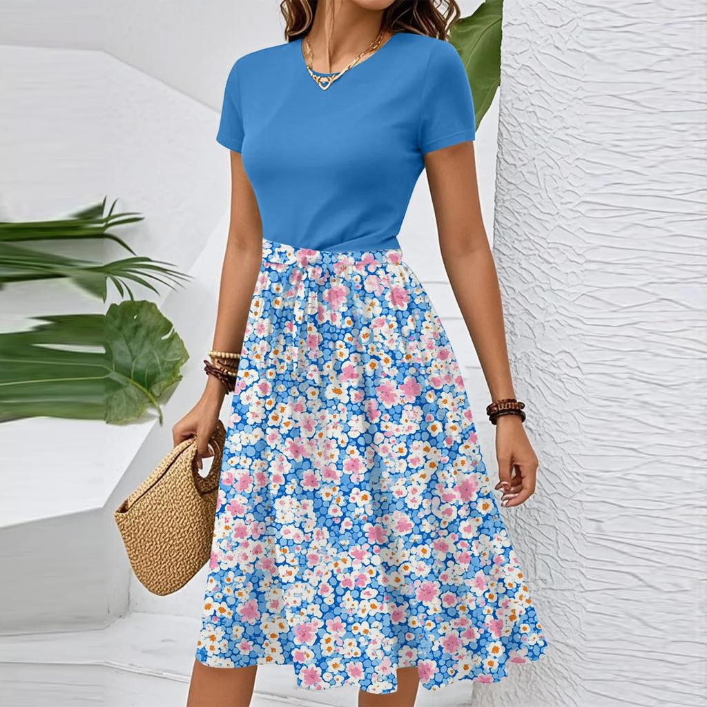 Women's Casual Fashion Belted Floral Print Short Sleeve Round Neck Elegant Dress