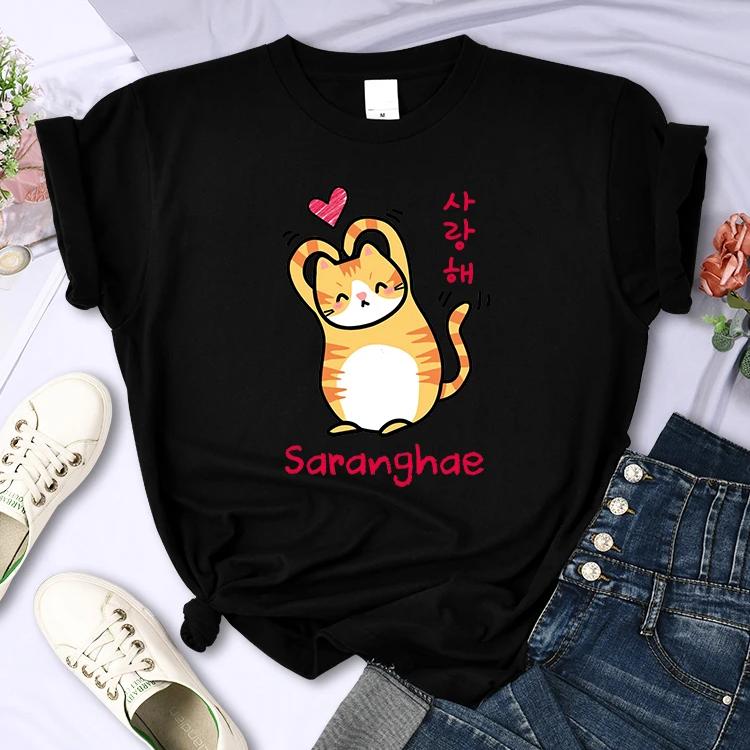 The Little Orange Cat Bows His Head and Refuses Printed TShirts Women Funny Cartoons Short Sleeves Soft Summer T Shirt Female