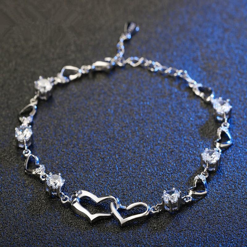 Womens Heart Link Bracelet With Cubic Zirconia Six-Prong Setting Gold Plated Copper Fashion Jewelry Daily Wear