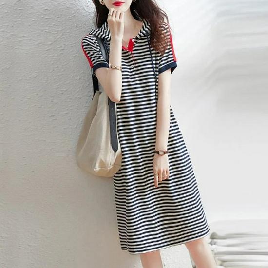 Women's Summer 2023 Elegant Striped Hooded Mid-Length Dress