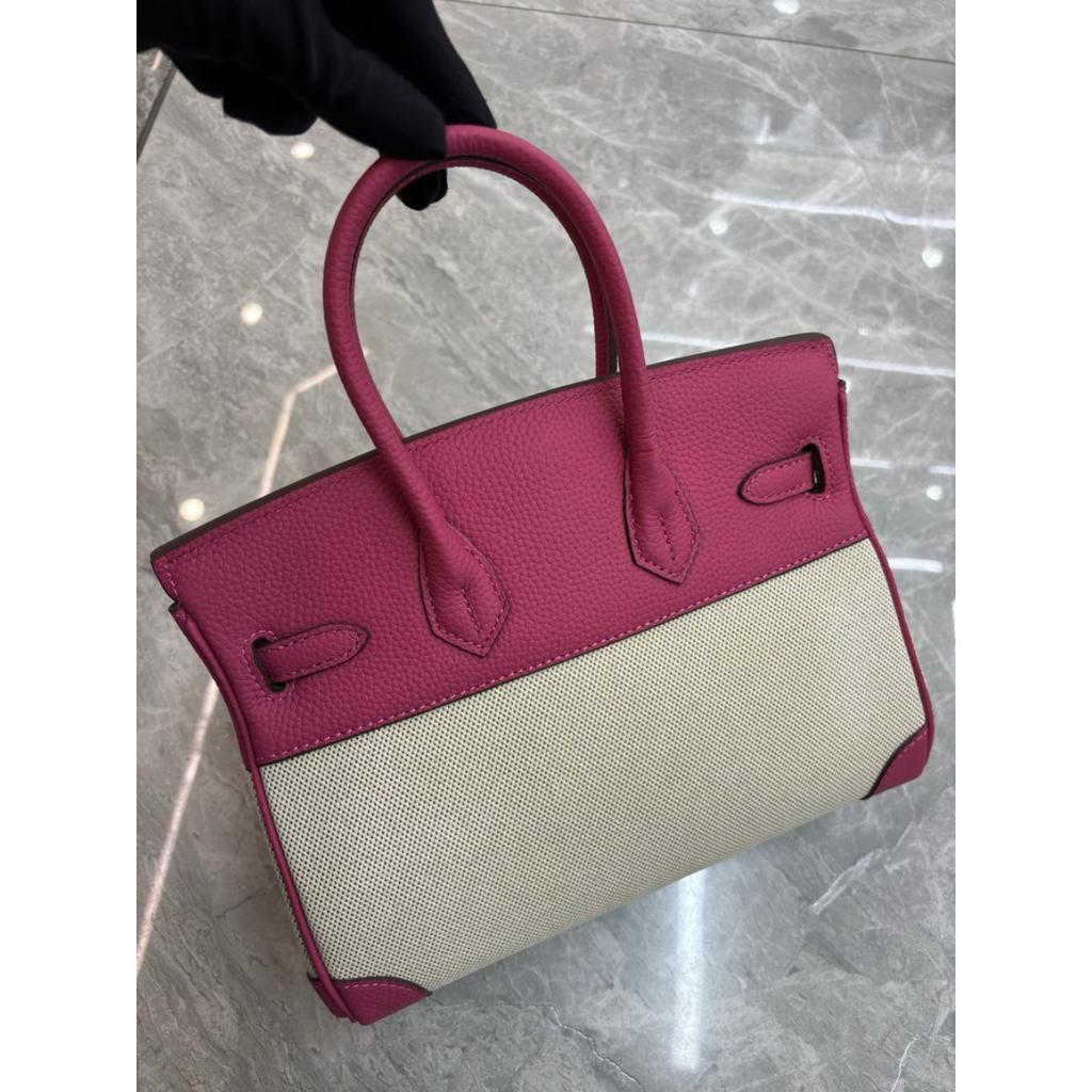 2026 new first-layer lychee pattern cowhide with linen canvas platinum bag genuine leather handbag European and American messenger bag bag