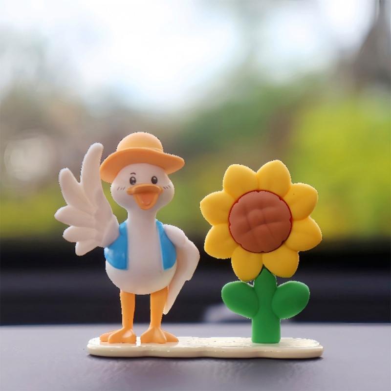 4pcs Creative Duck with Sunflowers Miniature Statues for Vehicle Interior Multifunctional Decors Resin Craft Ornaments