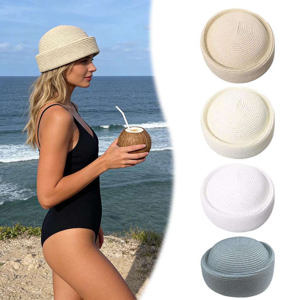 Zealous Sole Women's Fashion Summer Straw-Like Beret Hat Polyester Woven Pillbox Hats Retro Artistic Painter Cap Breathable Beach Sunshade Hat