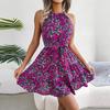 Frühling Sommer Neckholder Krawatte Offenes Rückenfreies Blumen Langes Kleid Unregelmäßige Urlaubskleider S-XL