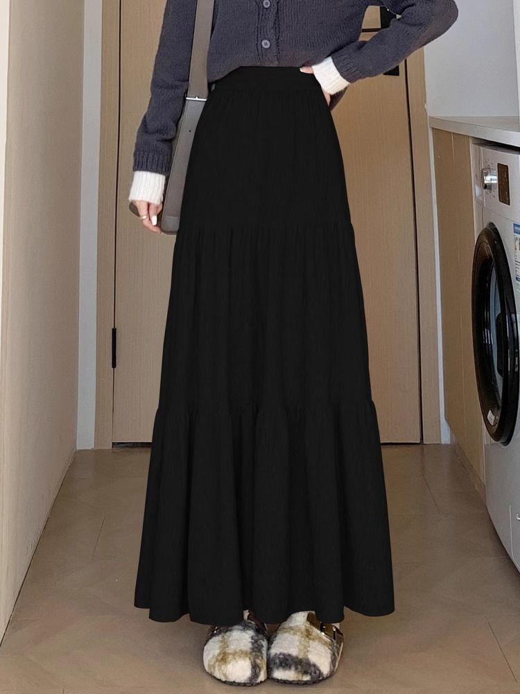 

Юбка с высокой талией для стройнящего эффекта, многослойная для осени и зимы, плиссированная юбка миди или макси для осени и зимы One Size чёрный