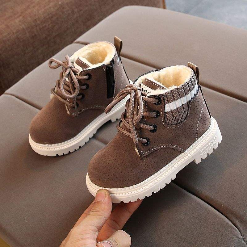 Boys Martin Boots Fleece Children's Fly Knitting Autumn and Winter Large Cotton Thickened Children's Single Boots Girls Shoes Warm Baby Shoes