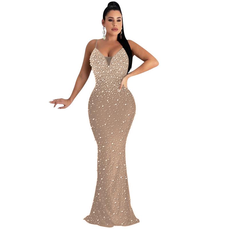 

OS6561 European & American Women s Fashion Sexy Nightclub Diamond Beaded Suspender Dress M хакі