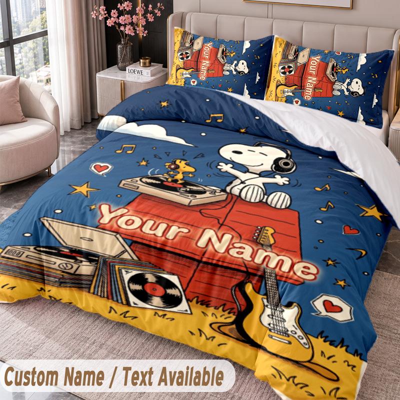 Custom Name Text 3Pcs Bedding Set Snoopy Peanuts Duvet Cover And Two Pillowcases