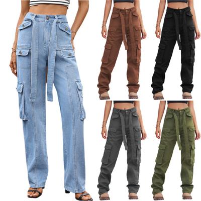 Damskie Modne Jeansy Robocze Casual z Kieszeniami z Denimu w Jednolitym Kolorze