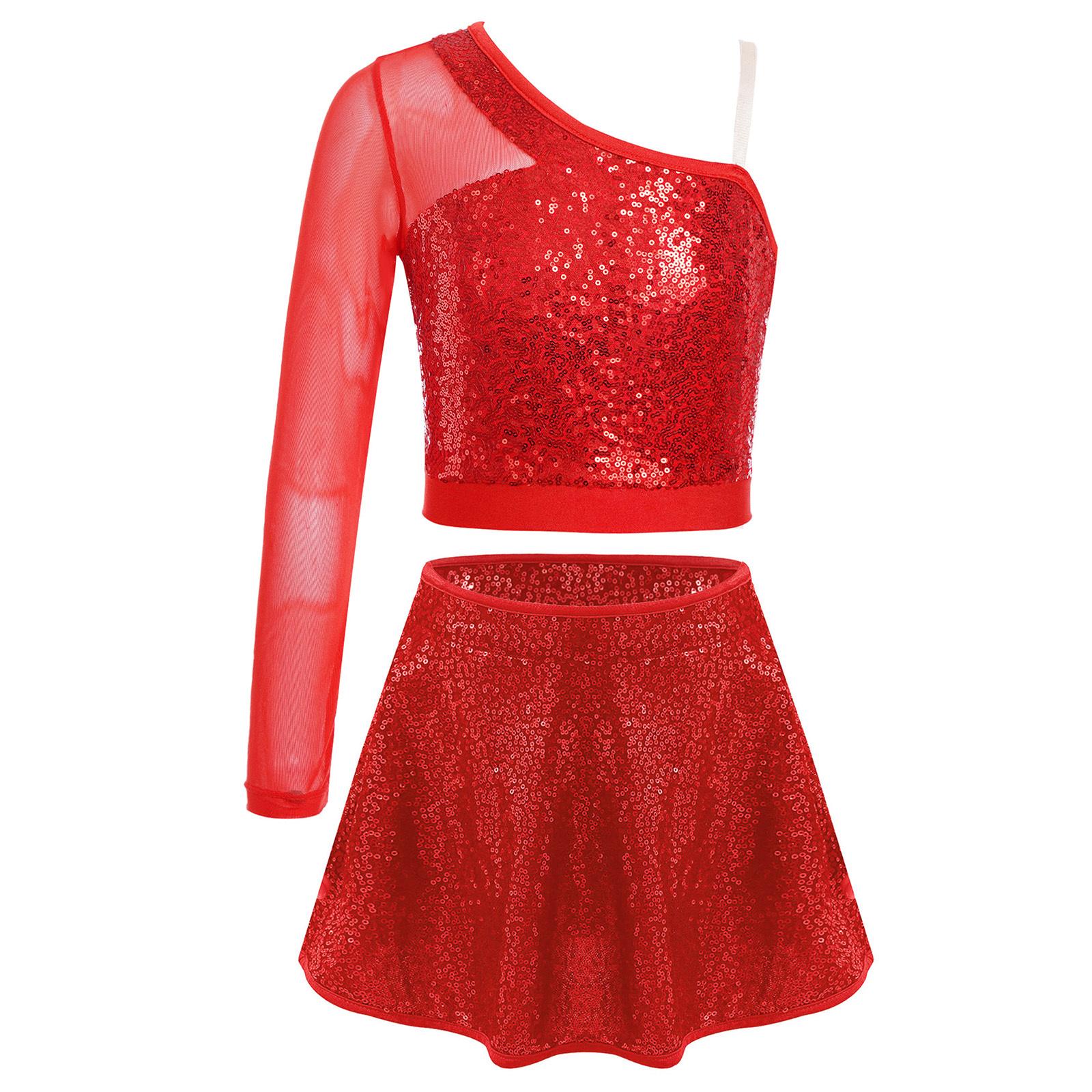

Girls Latin Dance Set Sheer Mesh Long Sleeve One Shoulder Crop Top Side Zipper Sequins Skirt 5-6 Years