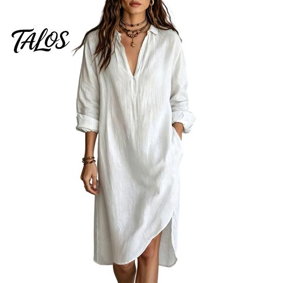 Lichte Zomerjurk Dames Midi Blousejurk, Lange Mouw V-hals Casual Veelzijdig Dames Kraag Losse Tuniek Strandvakantie Zomerjurk met