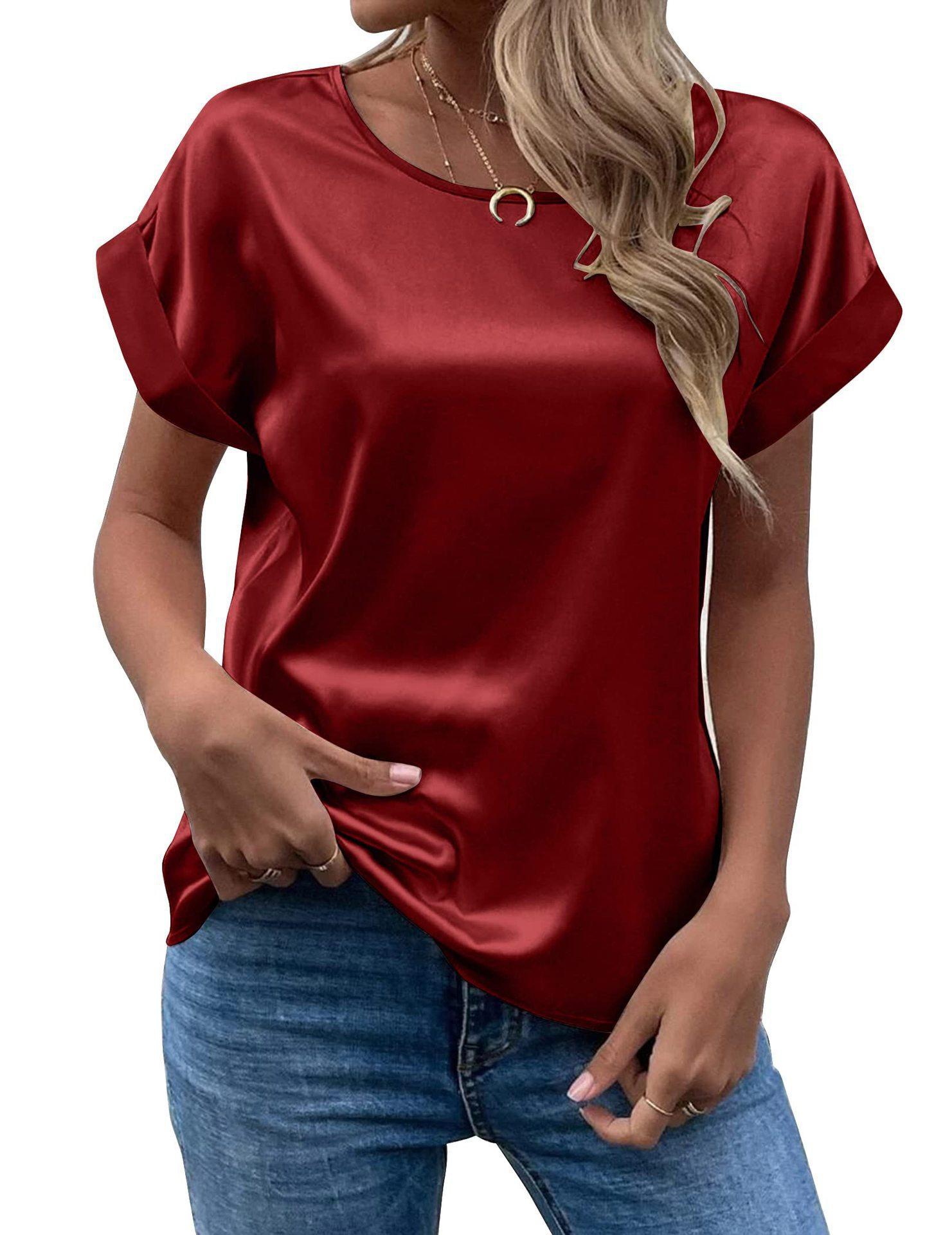 

Summer Women s T-shirt Short-sleeved Satin Shirt Loose Casual Round Neck Satin T-shirt Women s Tops for Spring Summer S вина червоного кольору