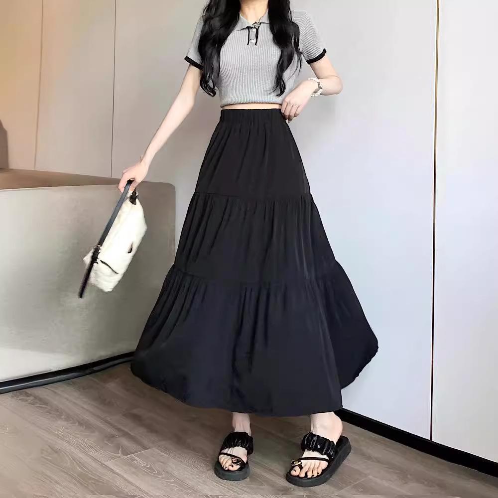 Women's Black High-Waist Pleated A-Line Long Skirt – Slim, Hip-Covering, High-End Spring Style