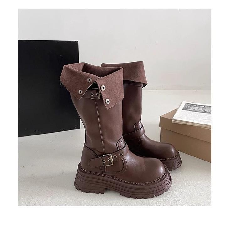 Black retro British style thick heel platform boots women's 2025 autumn and winter new boots tall and thin knight boots