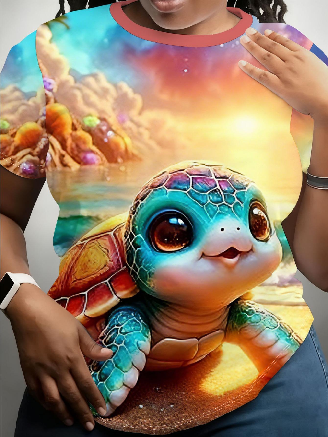 

A Women S T-Shirt in S Showcasing an Adorable And Vibrant Design of a Small Sea Turtle Against a Sunset Backdrop on The Shore. Featuring a Round Neckl M дубильная кора
