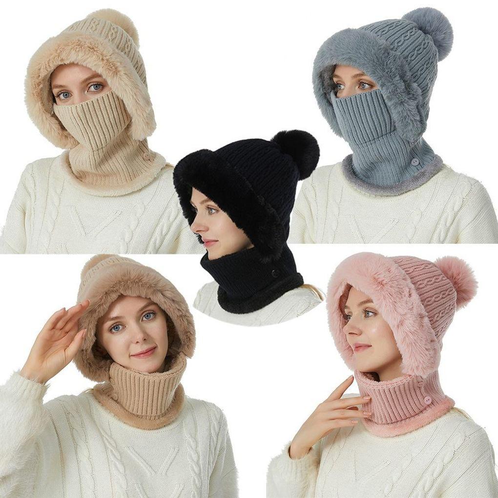 Knitted fur hat with integrated pom-pom neck warmer hat