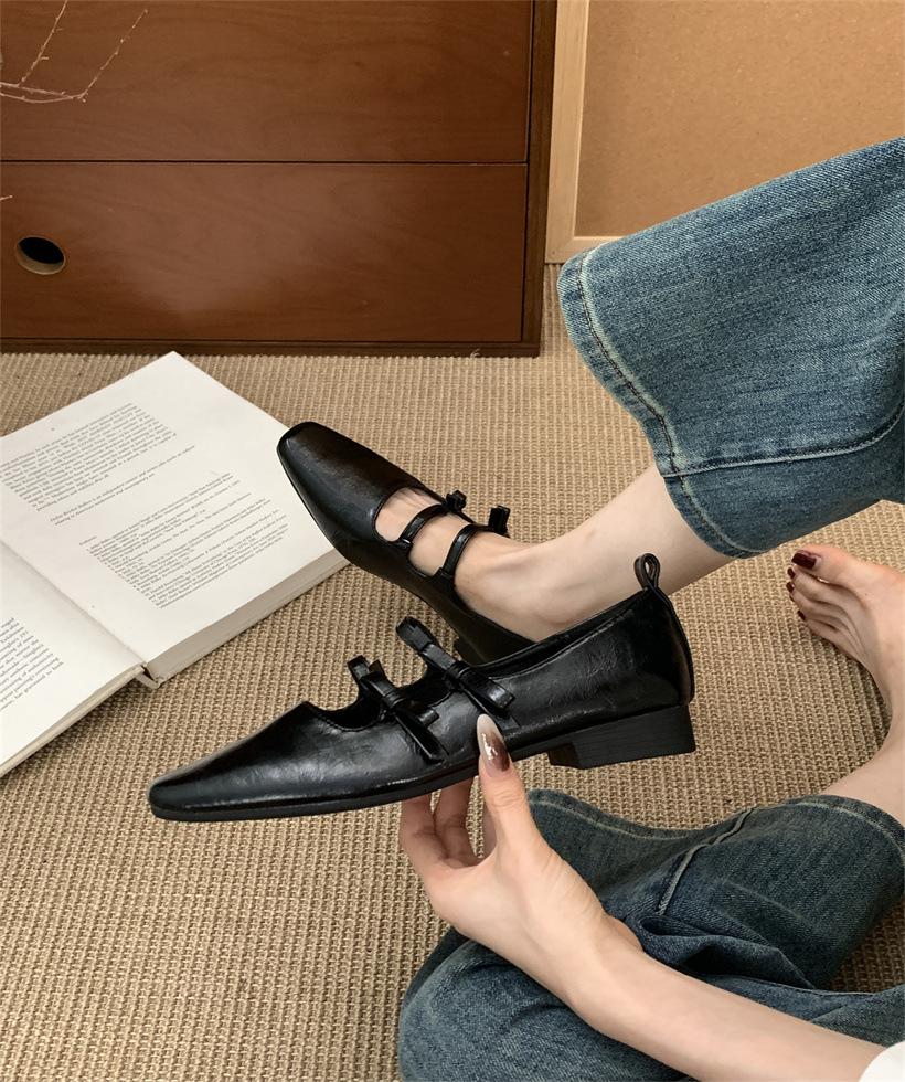 Spring 2025 New French Mary Jane Shoes Double Bow Square Head Shallow Mouth Temperament Flat Bottom with Skirt Single Shoes