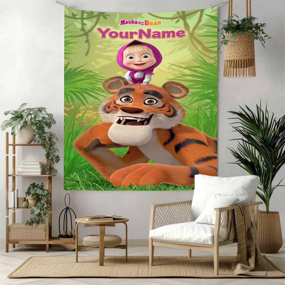 Masha Bear Custom Your Name Wall Decor Tapestry Art For Pet Memorial Birthdaywedding Party Backdrop Family Gift