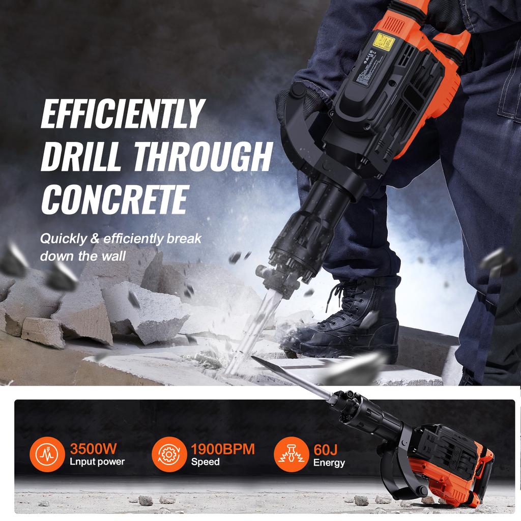 SucceBuy Demolition Jack Hammer 3500W Concrete Breaker 2pcs Chisel Gloves for Trenching 1900 BPM Heavy Duty Electric Jack Hammer