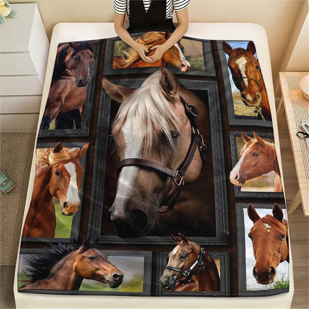 1Pc Horse Puzzle Print Flannel Blanket, High quality Comfortable for All Seasons, Home Decor, Warmth and Comfort, Perfect for Christmas Gifts