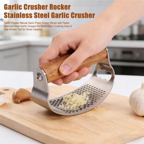 Garlic Presser Manual Garlic Press Rocker Mincer with Peeler Stainless Steel Garlic Chopper for Quick Clean Crushing Easy to Use