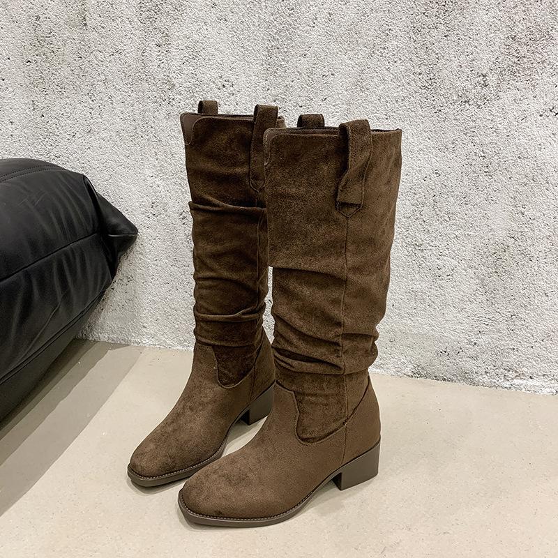 

Retro Skinny Western Pleated Knight Boots Women s New Autumn and Winter High Heel Thick Heel Knee Boots 35 коричневый